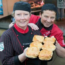 Stewart Collins with his piemaker and award winning pies at S Collins & Son, Muirhead.