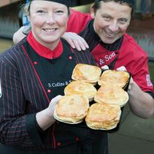 Stewart Collins with his piemaker and award winning pies at S Collins & Son, Muirhead.