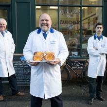 Iain Joliffe, Ian Faulds and Liam Neil at Faulds Butchers, Kilmarnock with their award winning pies